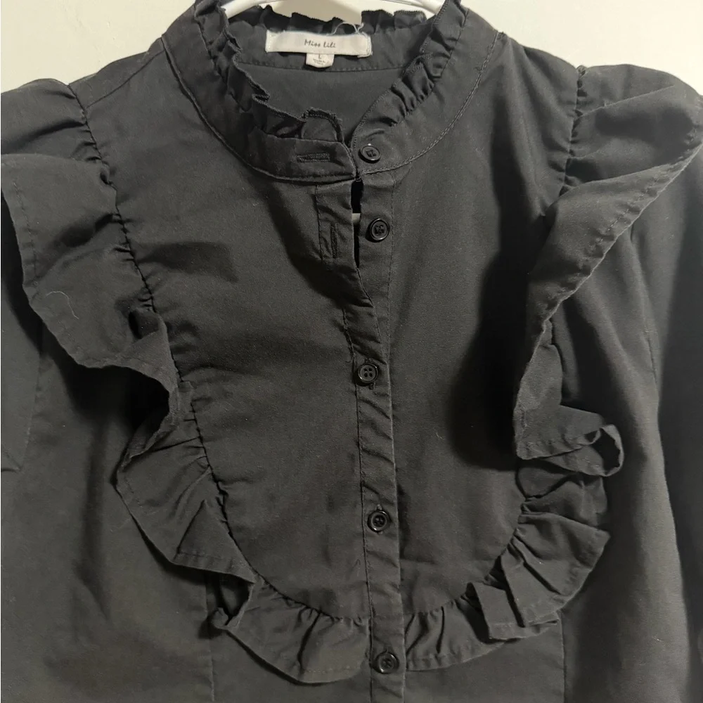 Miss Lili Black Ruffled Blouse Large